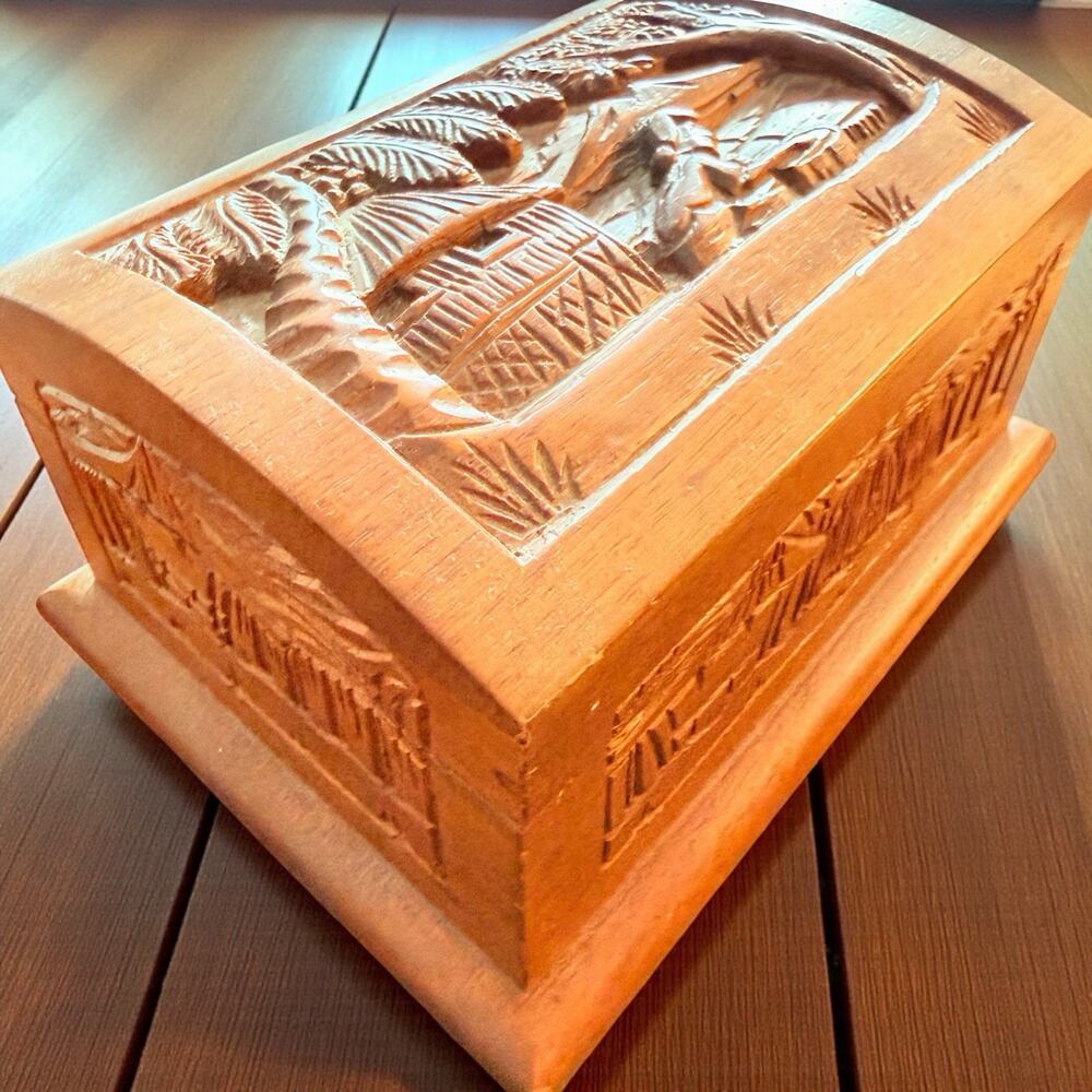 Hand Carved Wooden Trinket Jewelry Box With Country Life Art Crafted 7 x 5 x 5